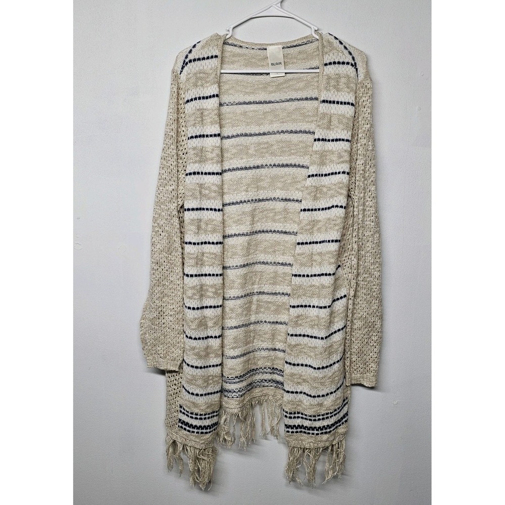 Blair Open Front Cardigan Knit Sweater Womens Large Boho Fringe Striped Beige